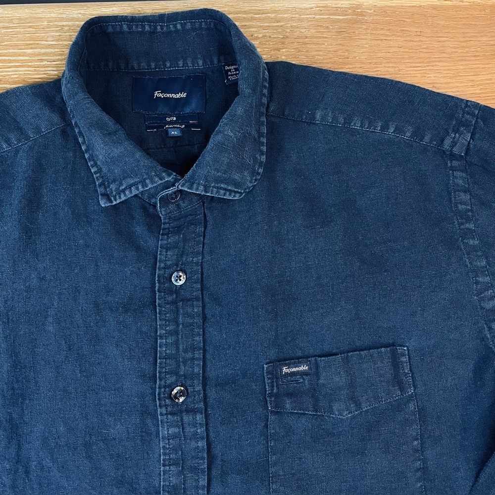Faconnable Shirt Mens XL Linen Navy Blue Club Deauville France Resortwear Beach
